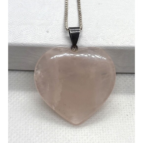 Vintage Rose Quartz Heart Pendant 20'' Chain Necklace Sterling 925 Silver 9.7g - Picture 3 of 9